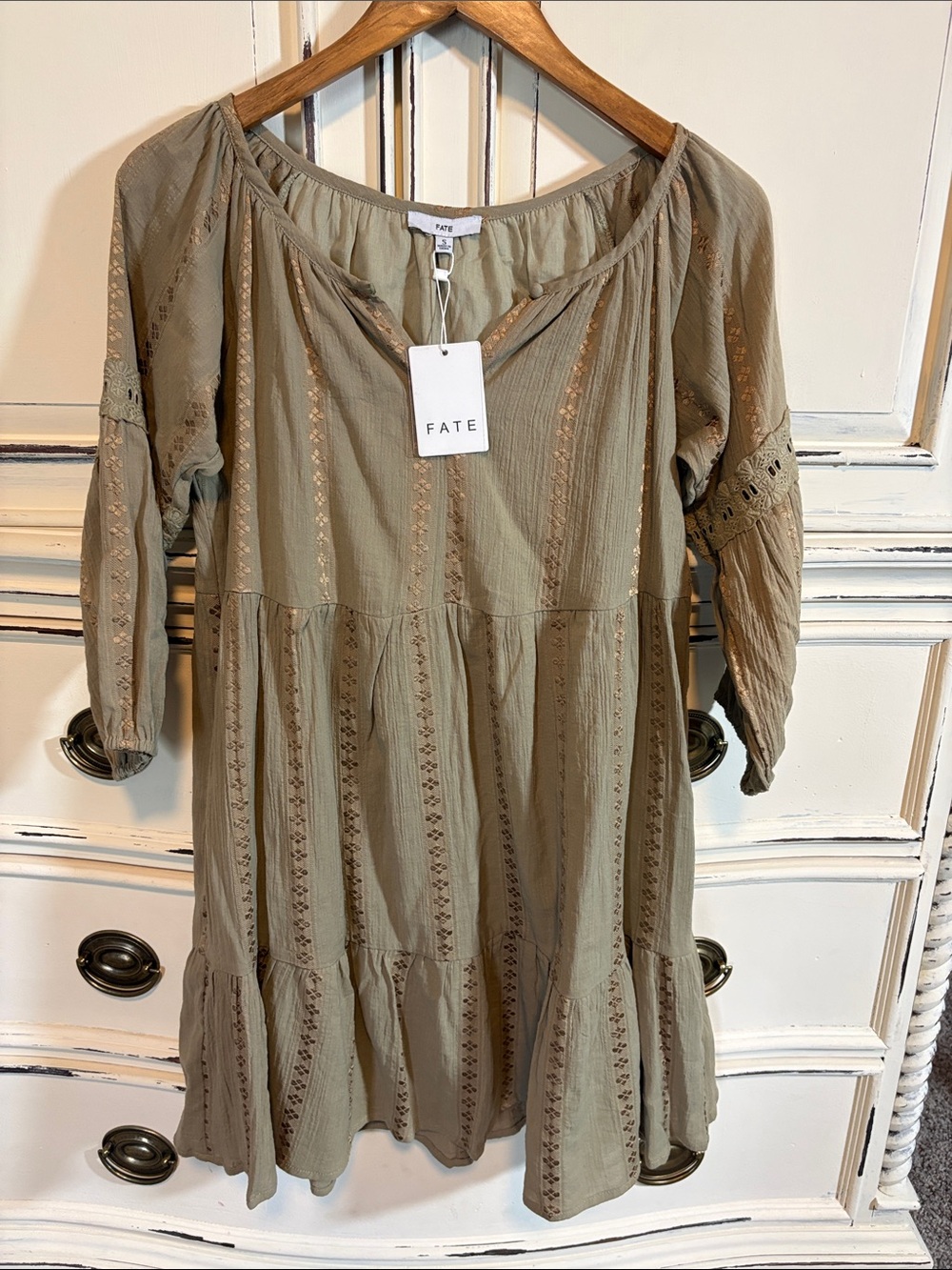 Fate Olive Green Eyelet Tiered Midi Dress